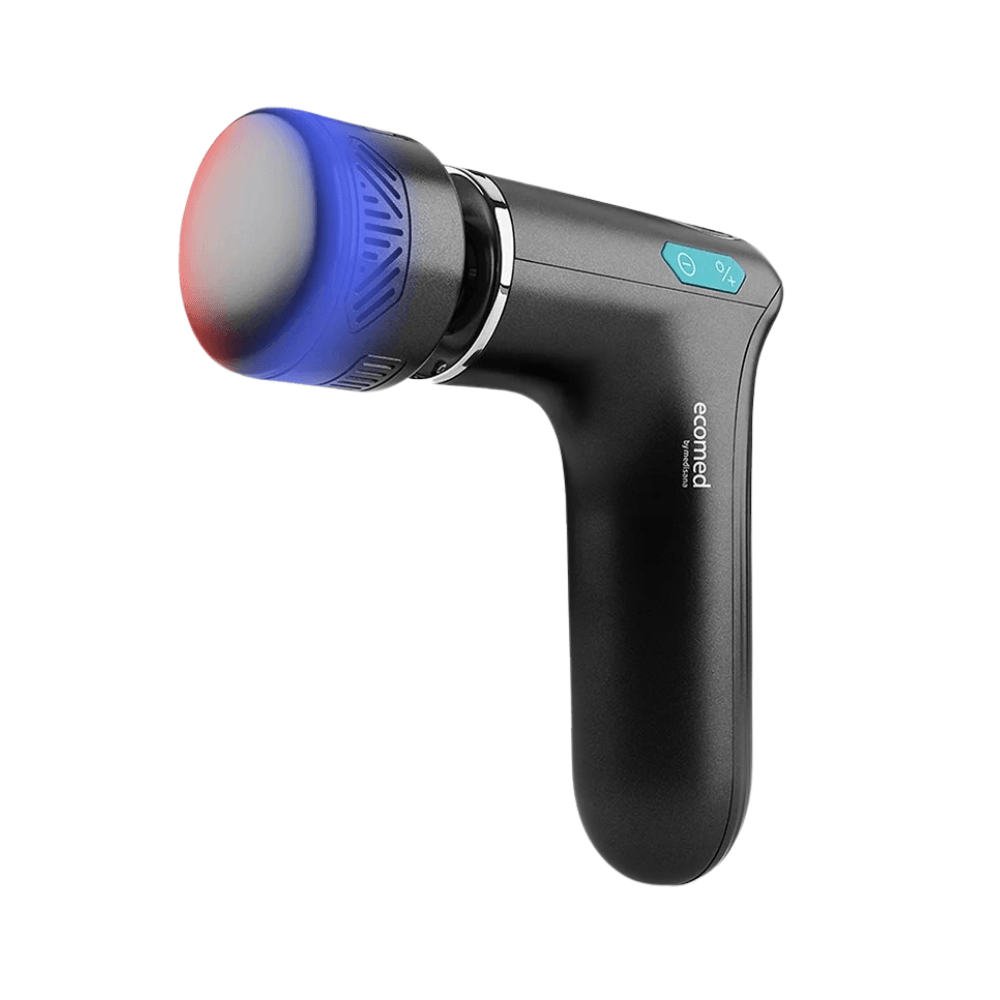 Mini masajeador MG-50E ECOMED, función calor y frío, 3 accesorios, vibración 2 niveles, portátil, ergonómico